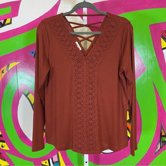 Maurices Tops - Maurices, Rust Orange Ribbed Lace Strappy Detail Long Sleeve Shirt. Size Large.